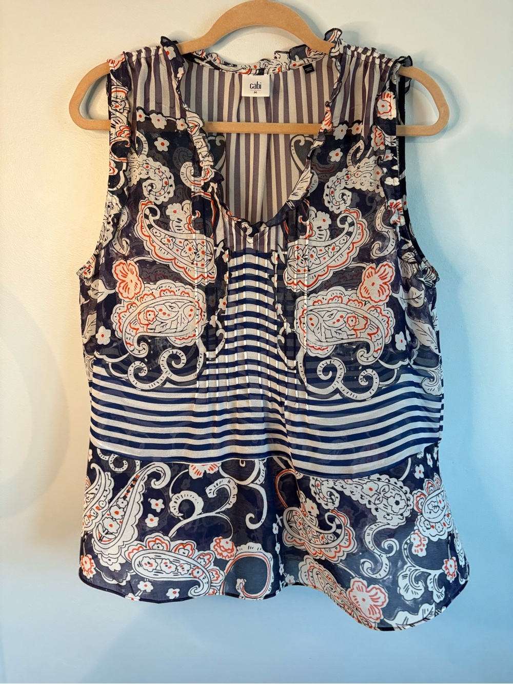CAbi Navy White Coral Paisley & Stripe Sleeveless Top